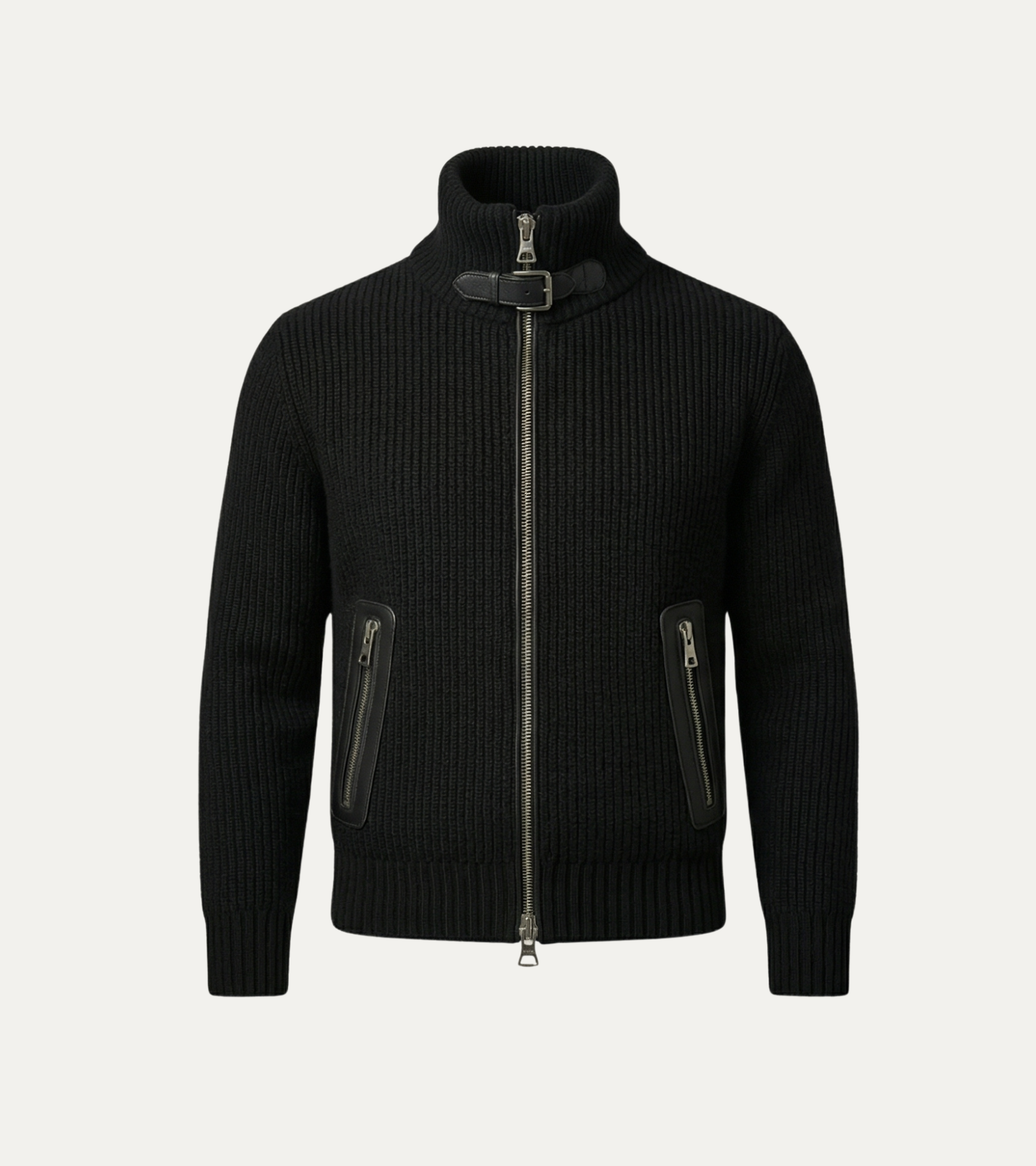Black Knit Jacket with Leather Details