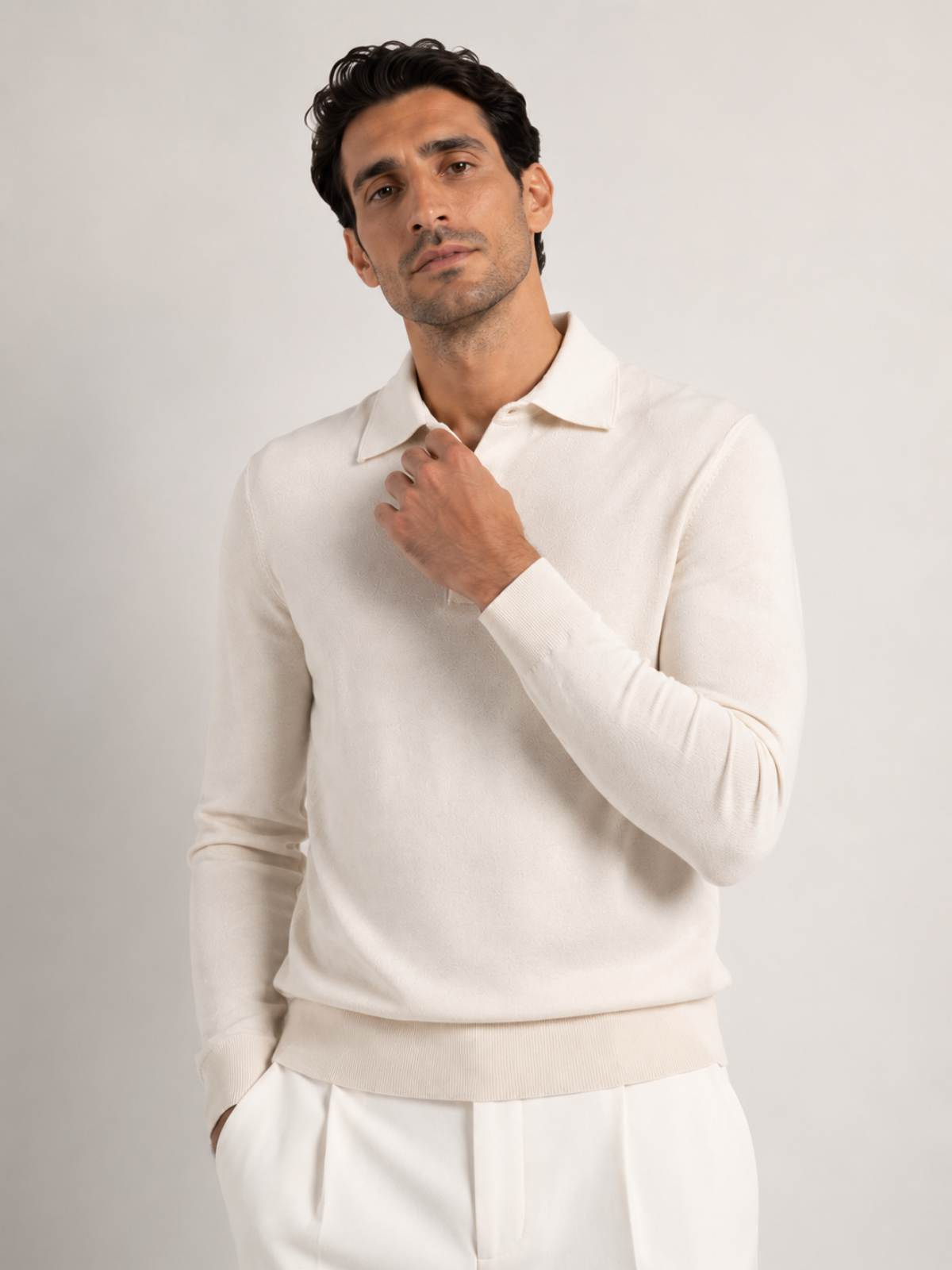 Longsleeve Silk Cotton Polo Ivory