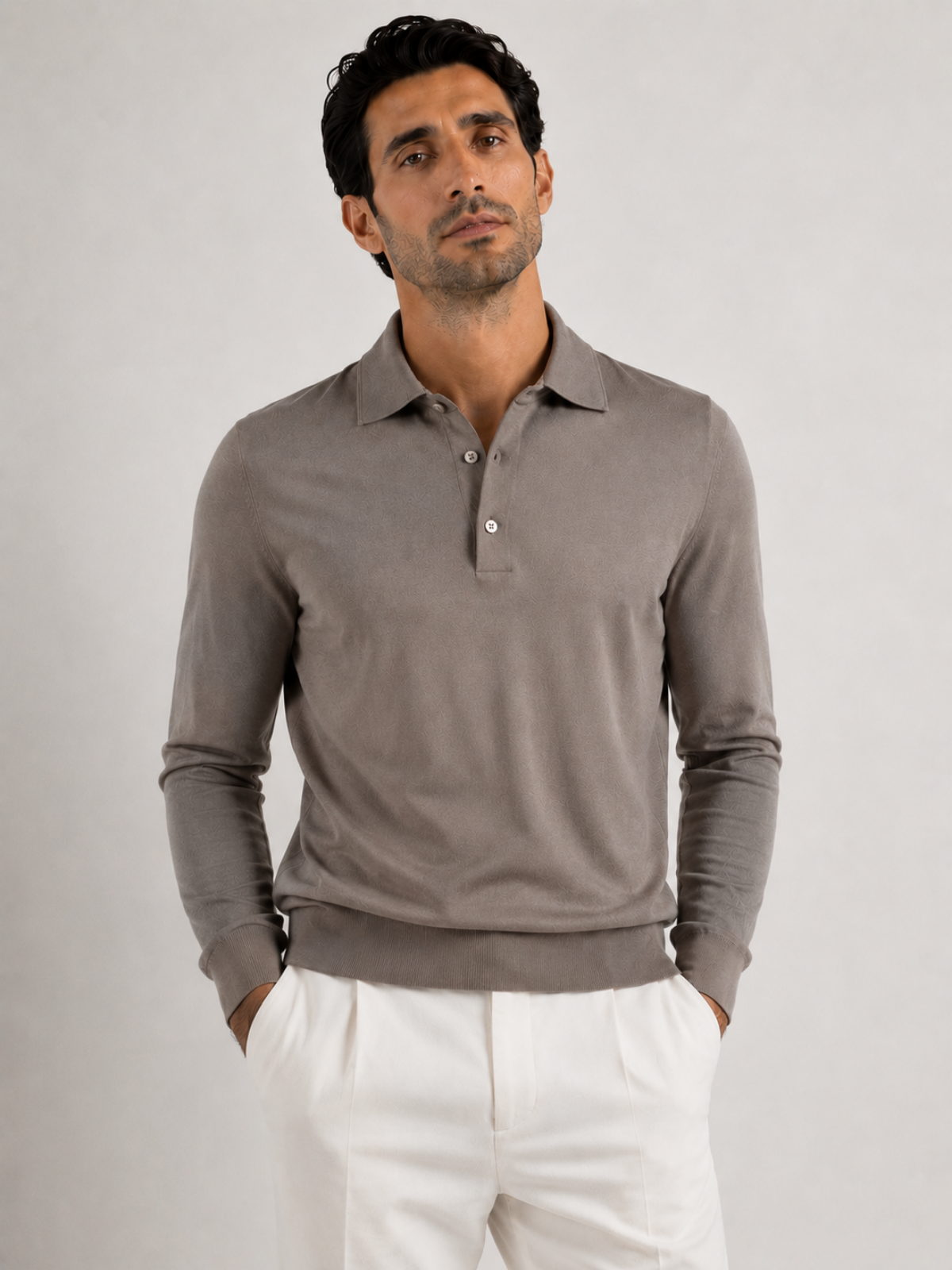 Longsleeve Silk Cotton Polo Taupe