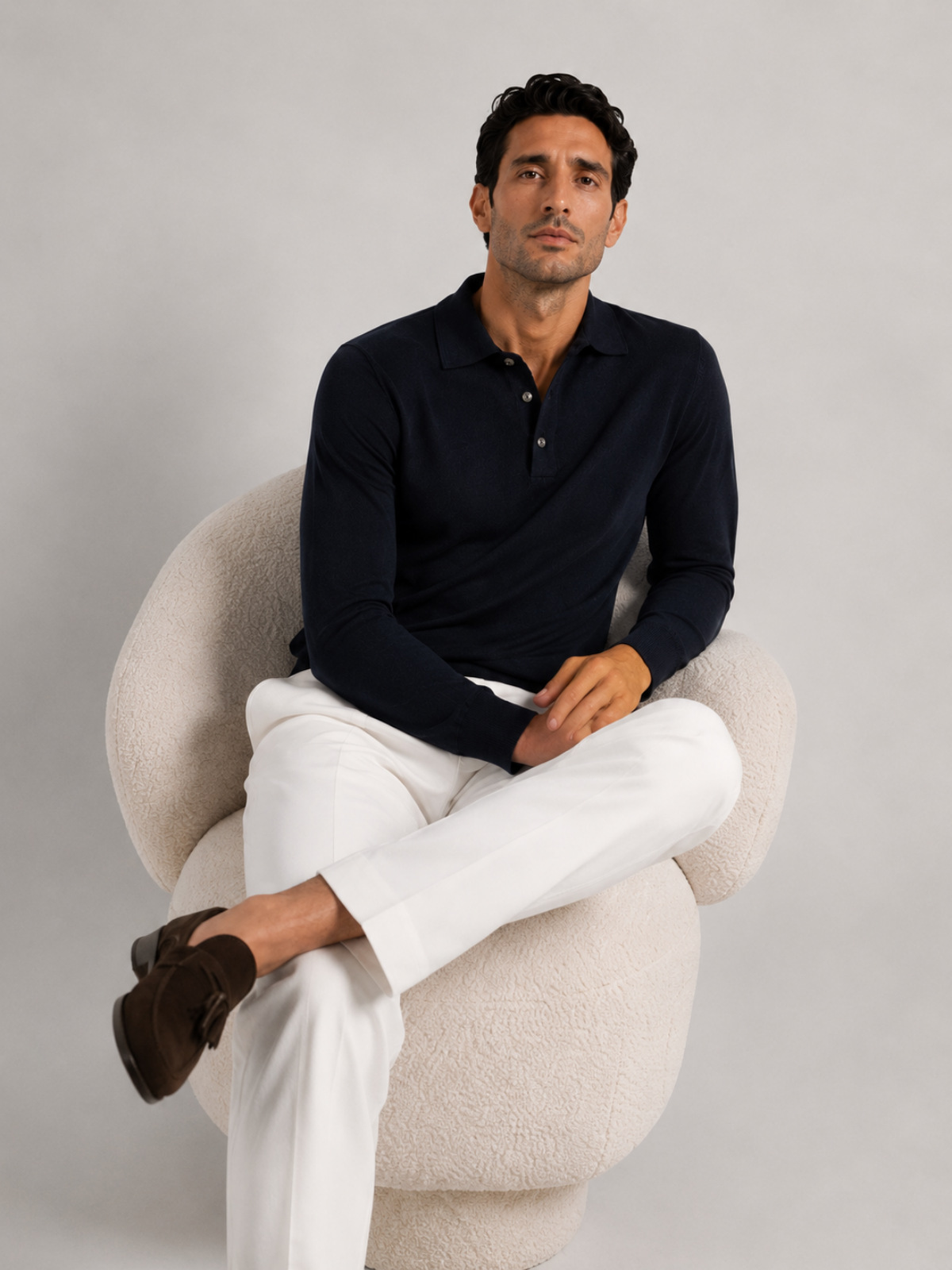 Longsleeve Silk Cotton Polo Navy Blue