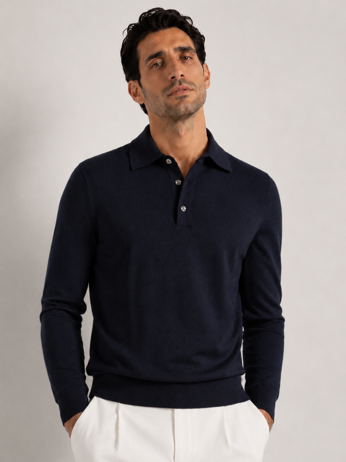 Longsleeve Silk Cotton Polo Navy Blue
