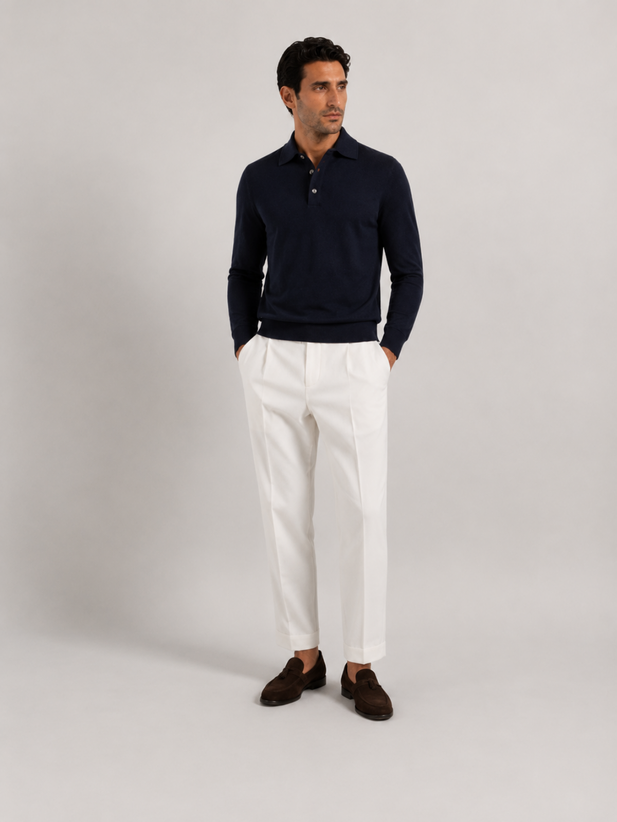Longsleeve Silk Cotton Polo Navy Blue