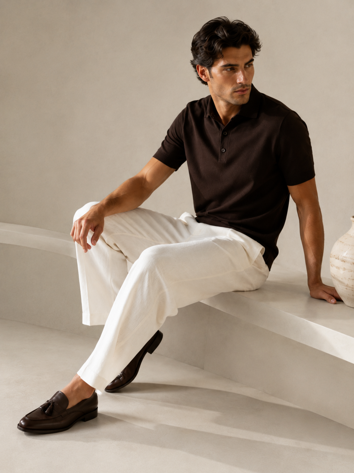 SILK COTTON POLO SHIRT BROWN