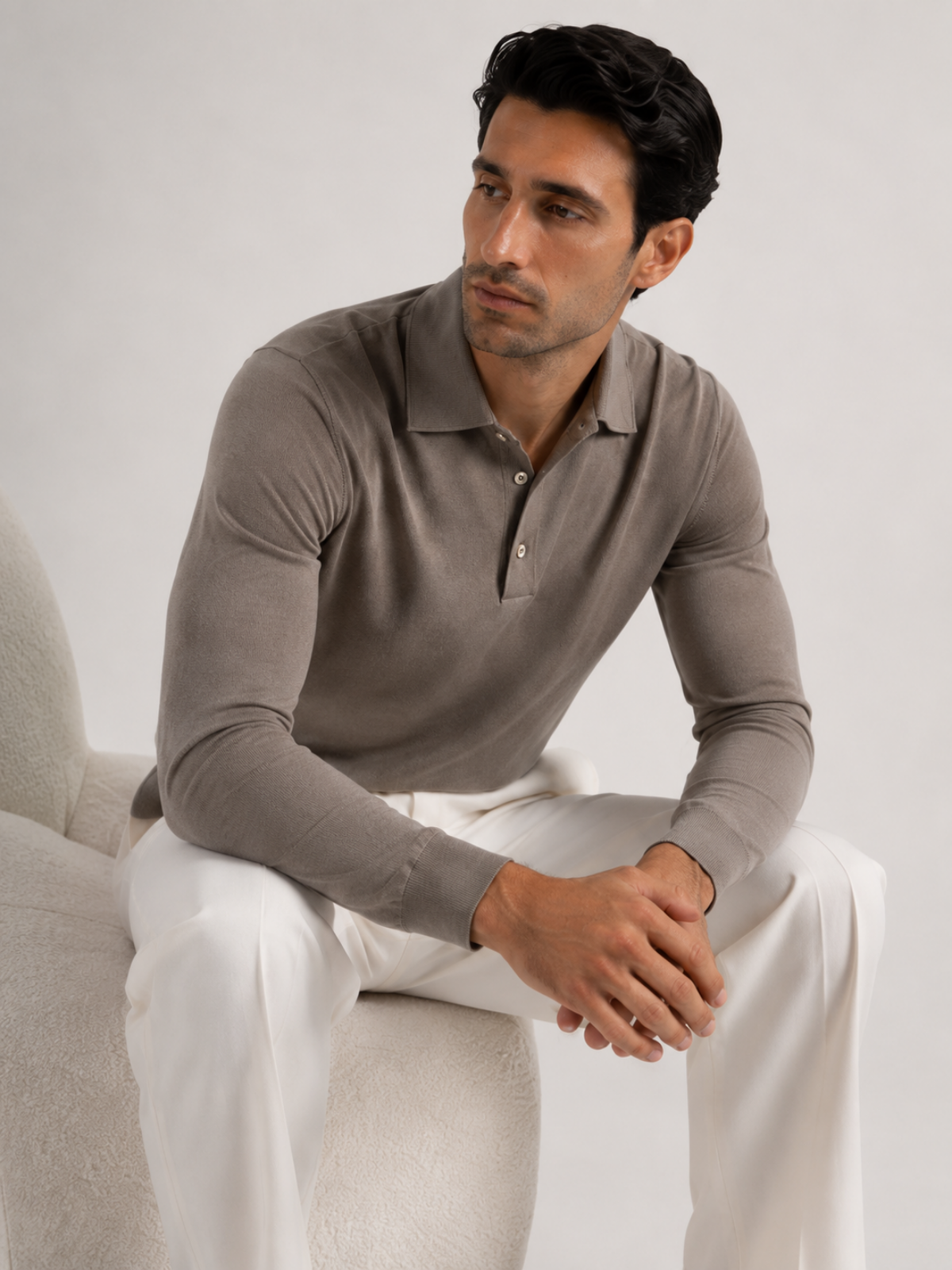 Longsleeve Silk Cotton Polo Taupe