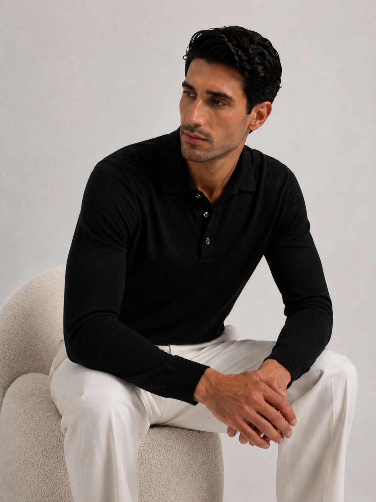 Longsleeve Silk Cotton Polo Black