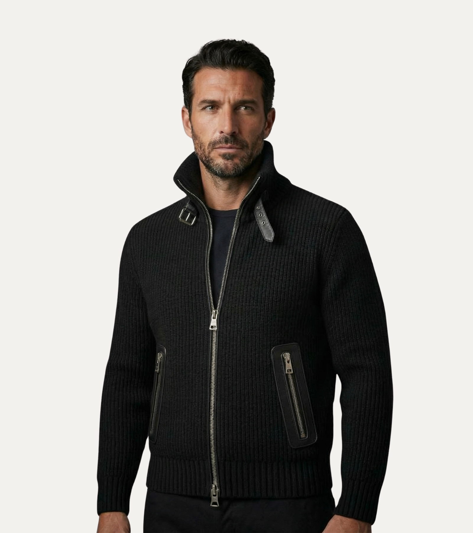 Black Knit Jacket with Leather Details