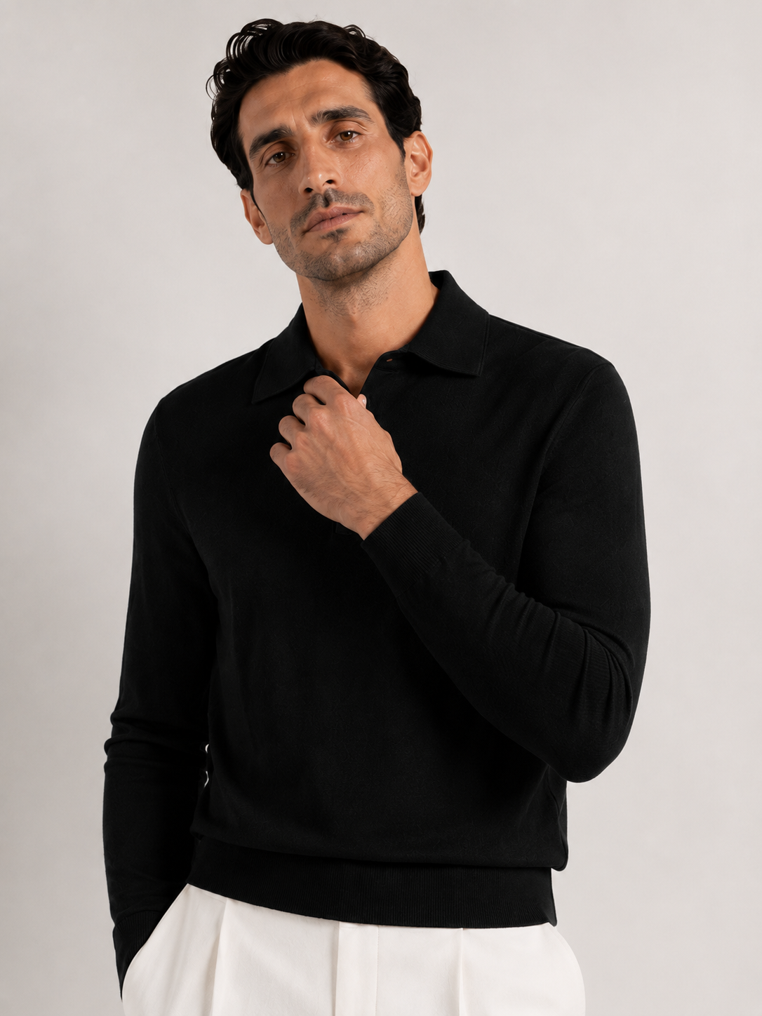 Longsleeve Silk Cotton Polo Black