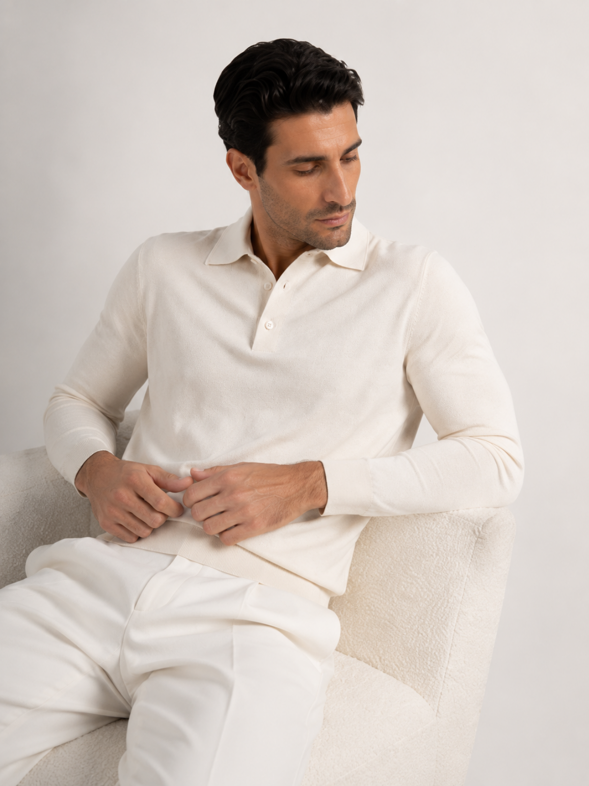 Longsleeve Silk Cotton Polo Ivory