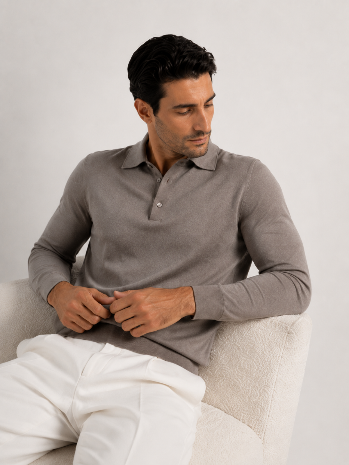 Longsleeve Silk Cotton Polo Taupe