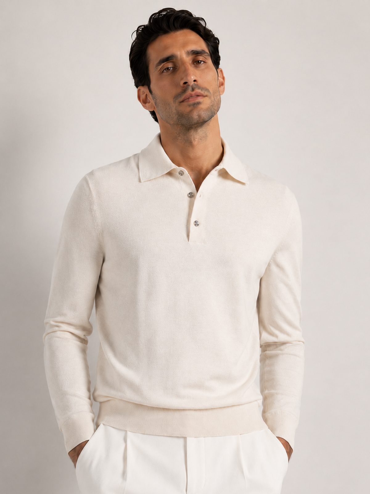 Longsleeve Silk Cotton Polo Ivory
