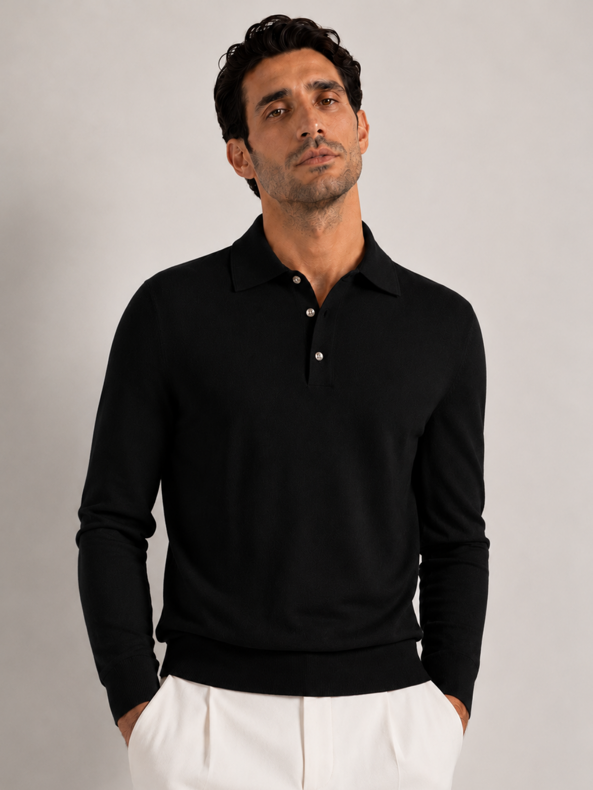 Longsleeve Silk Cotton Polo Black